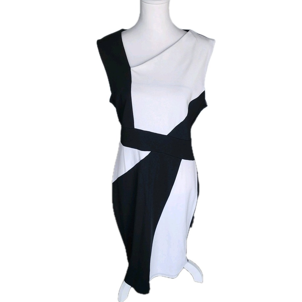 Homeyee Sheath Dress Womens 12 Black‎ White Colorblock Stretch Career Office NEW